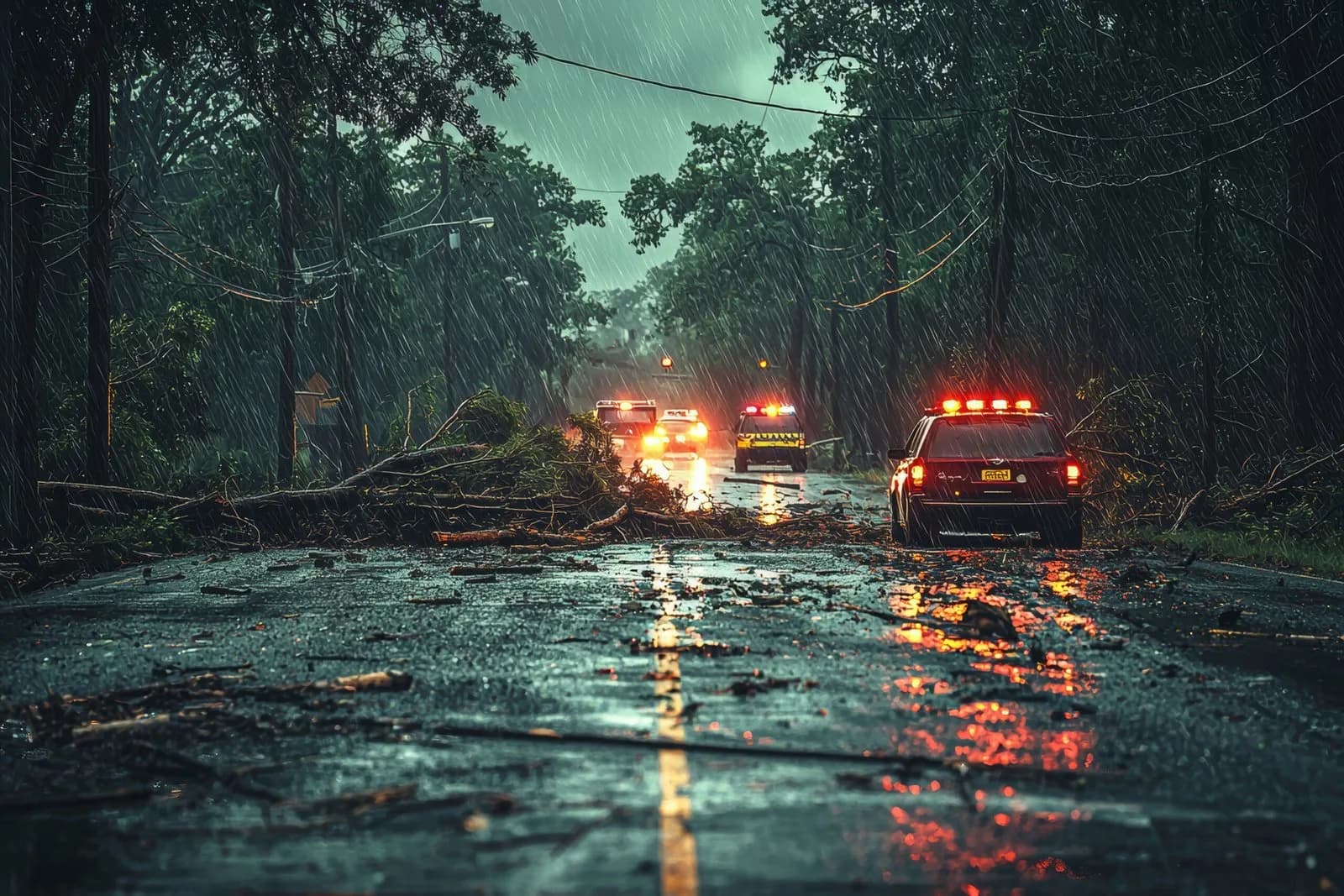 Emergency response vehicles in storm